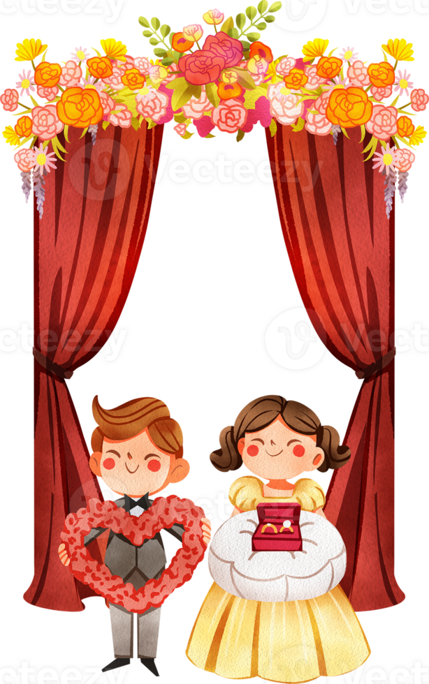 Boy and girl holding ring box and flowers at wedding, Hand Drawn Illustration Watercolor png