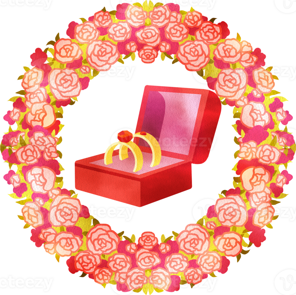 Wedding Ring Box with Red Flower Circle, Hand Drawn Illustration Watercolor png