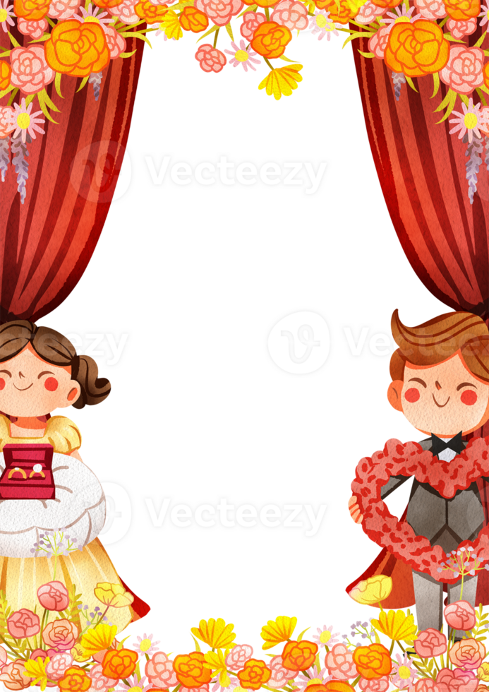 The Bride and Groom Kiss on Wedding Day and Flowers curtain decor, Hand Drawn Illustration Watercolor png