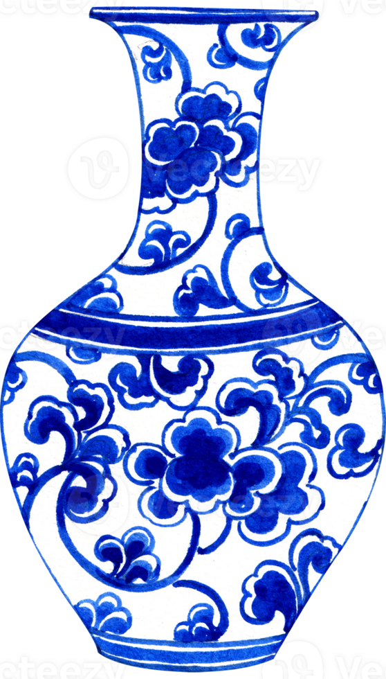 a tall, wide-mouthed white vase with a pattern of blue floral vines inside, chinese style, hand-drawn watercolor illustration png