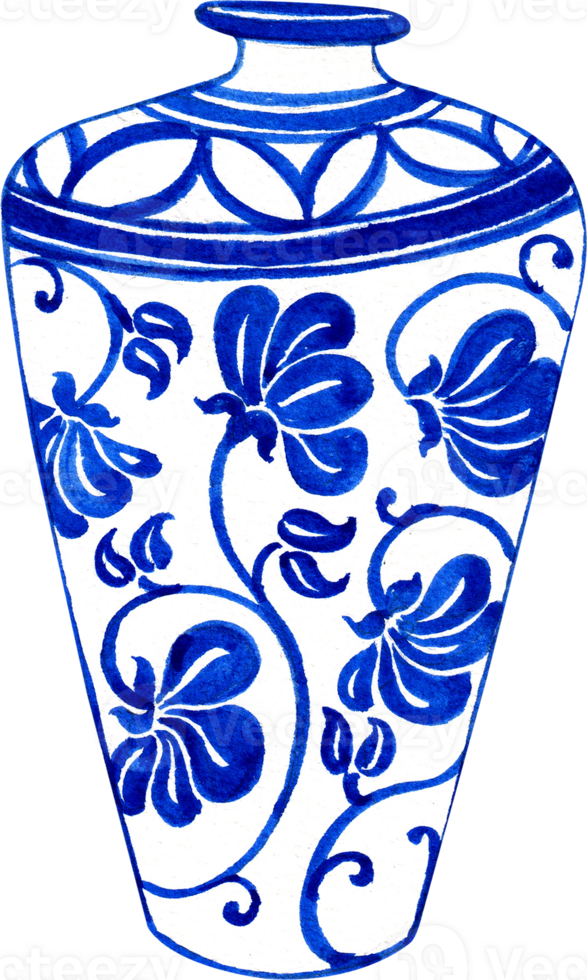 a white ceramic vase with a narrow base and wide neck, featuring blue floral vine patterns inside, chinese style, hand-drawn watercolor illustration png