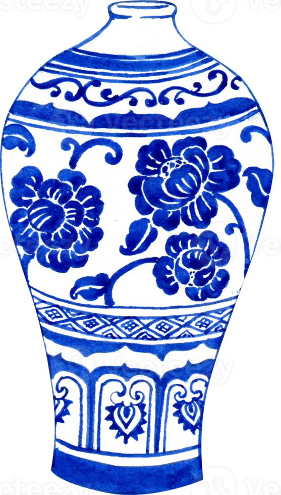 fat ceramic vase with a narrow neck and floral pattern inside, hand-drawn watercolor illustration png
