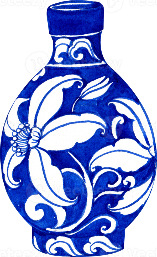 blue ceramic vase with white floral pattern inside, hand-drawn watercolor illustration png