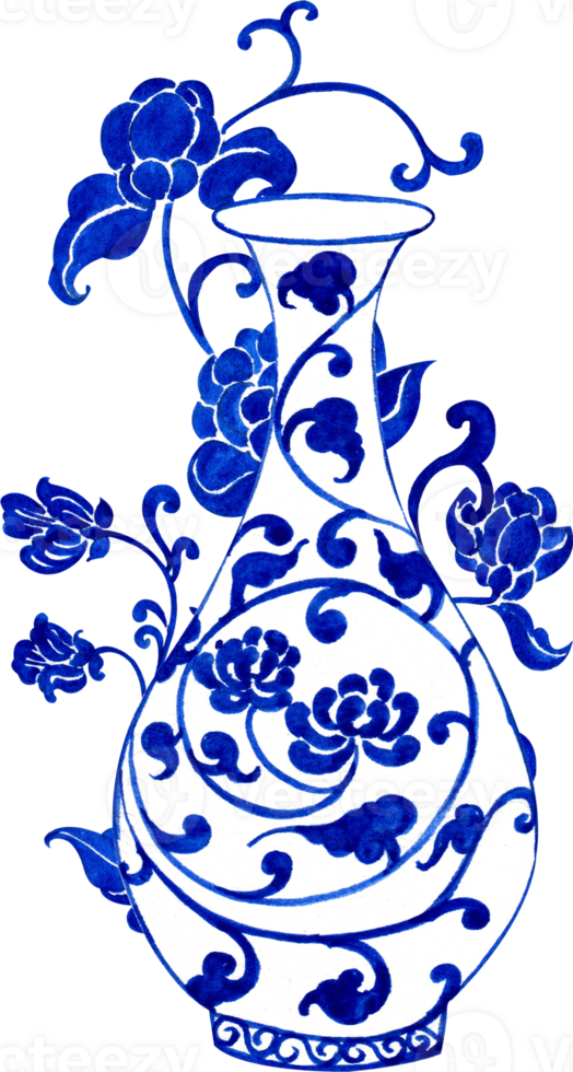white vase with blue vine and flower bud patterns arranged, chinese porcelain, hand-drawn watercolor illustration png