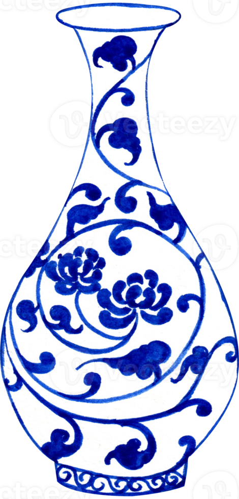 white vase with blue floral vine pattern curled in a circle, hand-drawn watercolor illustration png