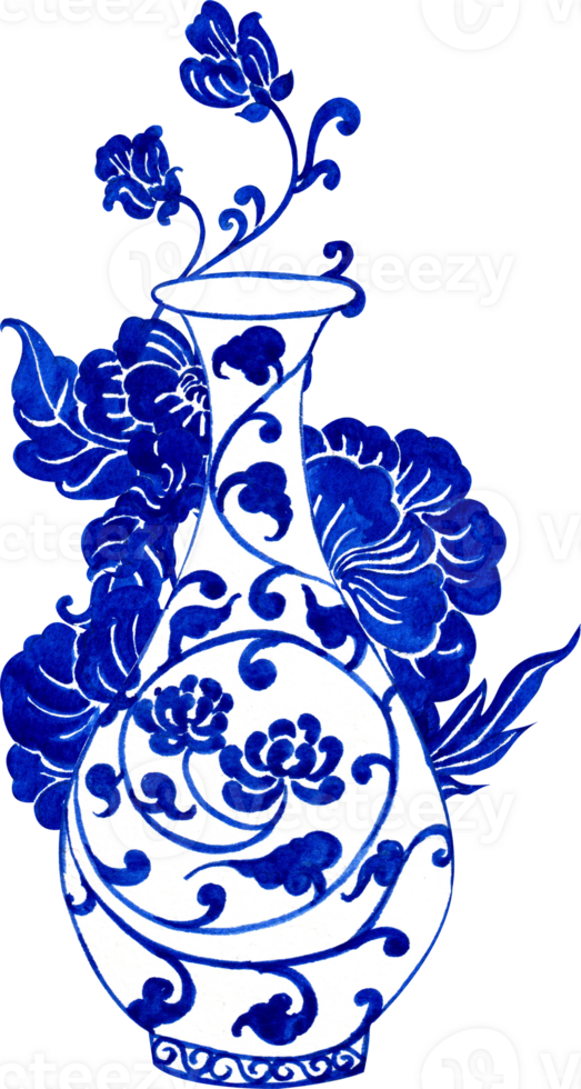 white vases with blue floral vines and large peonies arranged, chinese porcelain, hand-drawn watercolor illustration png