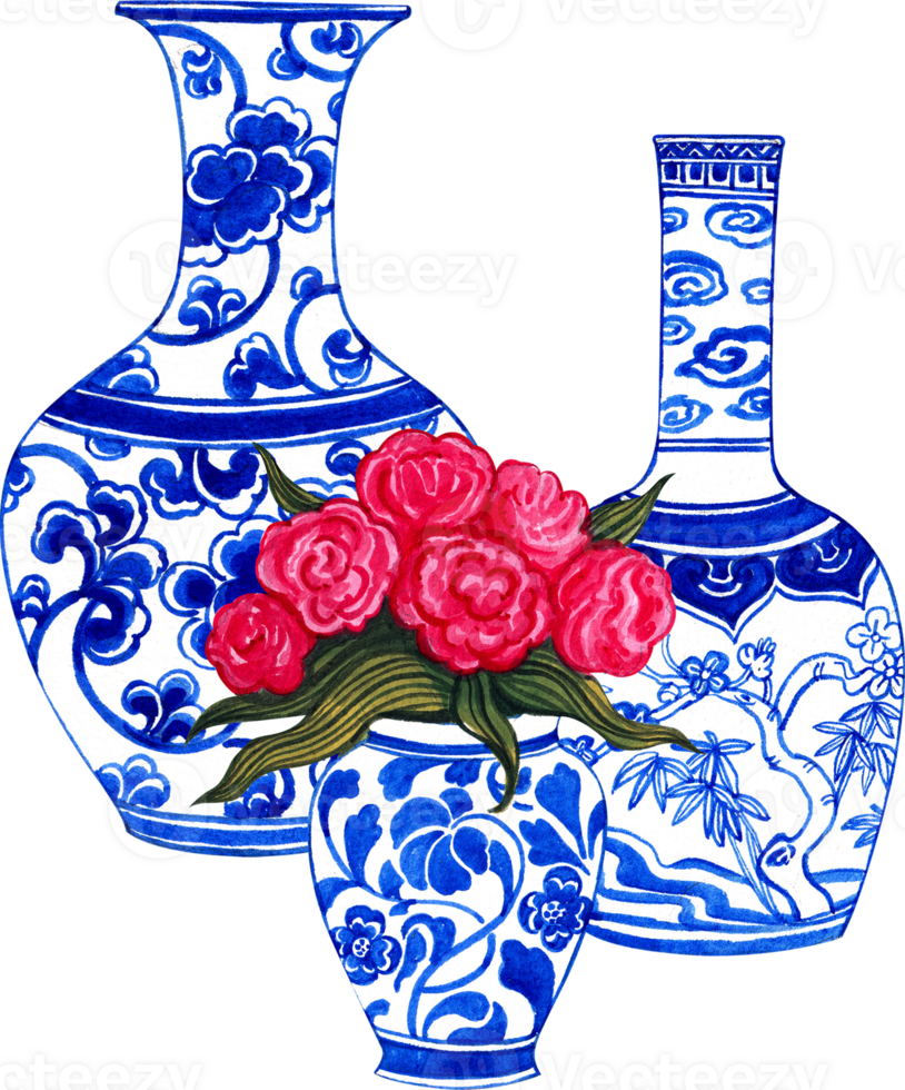 tall white vases with blue floral vine and tree patterns, chinese porcelain, hand-drawn watercolor illustration png
