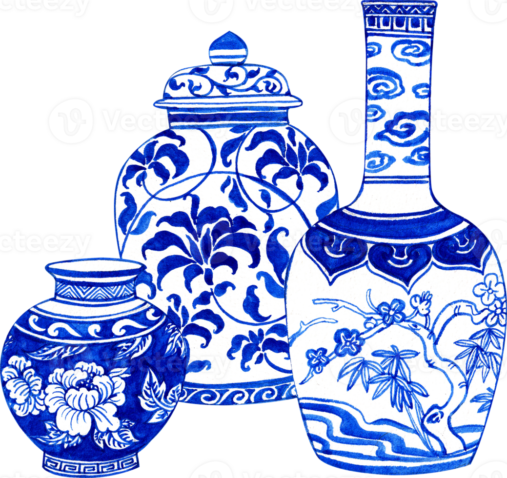 white vases with blue floral and tree patterns arranged together, chinese porcelain, hand-drawn watercolor illustration png