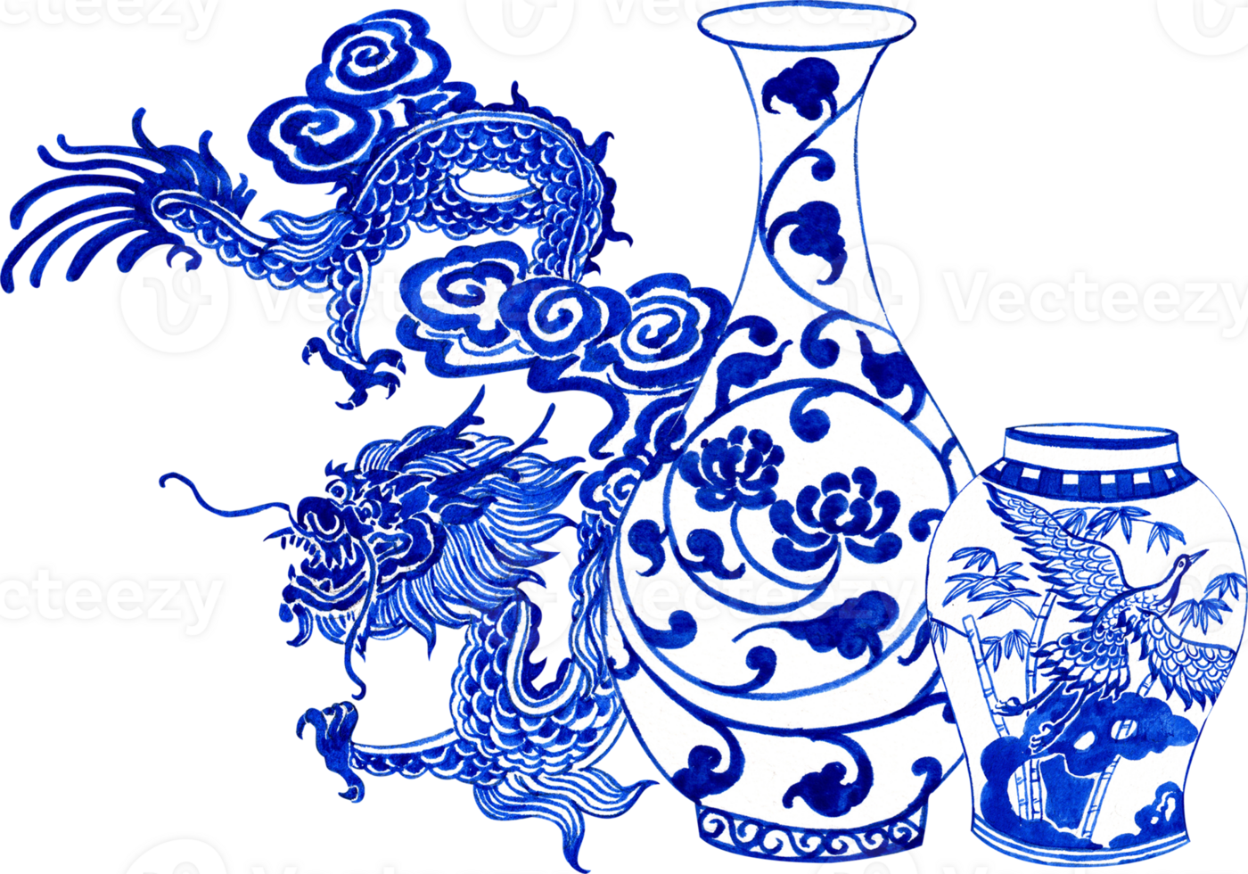 white vases with blue vine and crane designs, dragon flying above, chinese porcelain, hand-drawn watercolor illustration png
