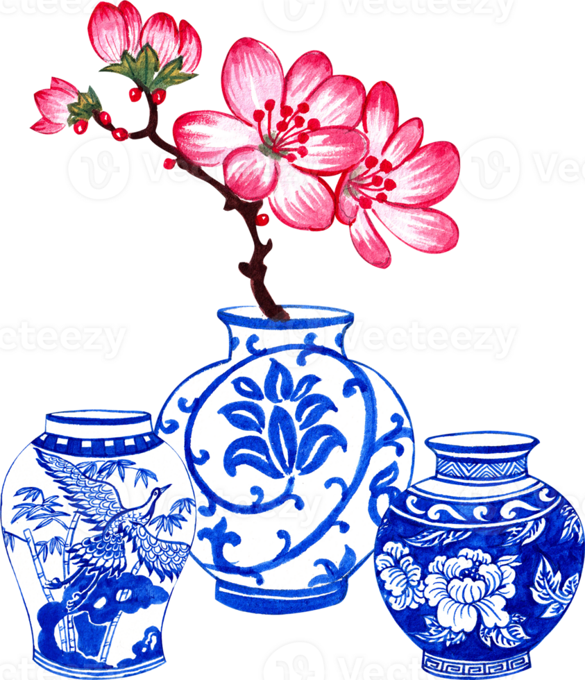 white vases with blue floral vine, pink flowers, and crane designs, chinese porcelain, hand-drawn watercolor illustration png