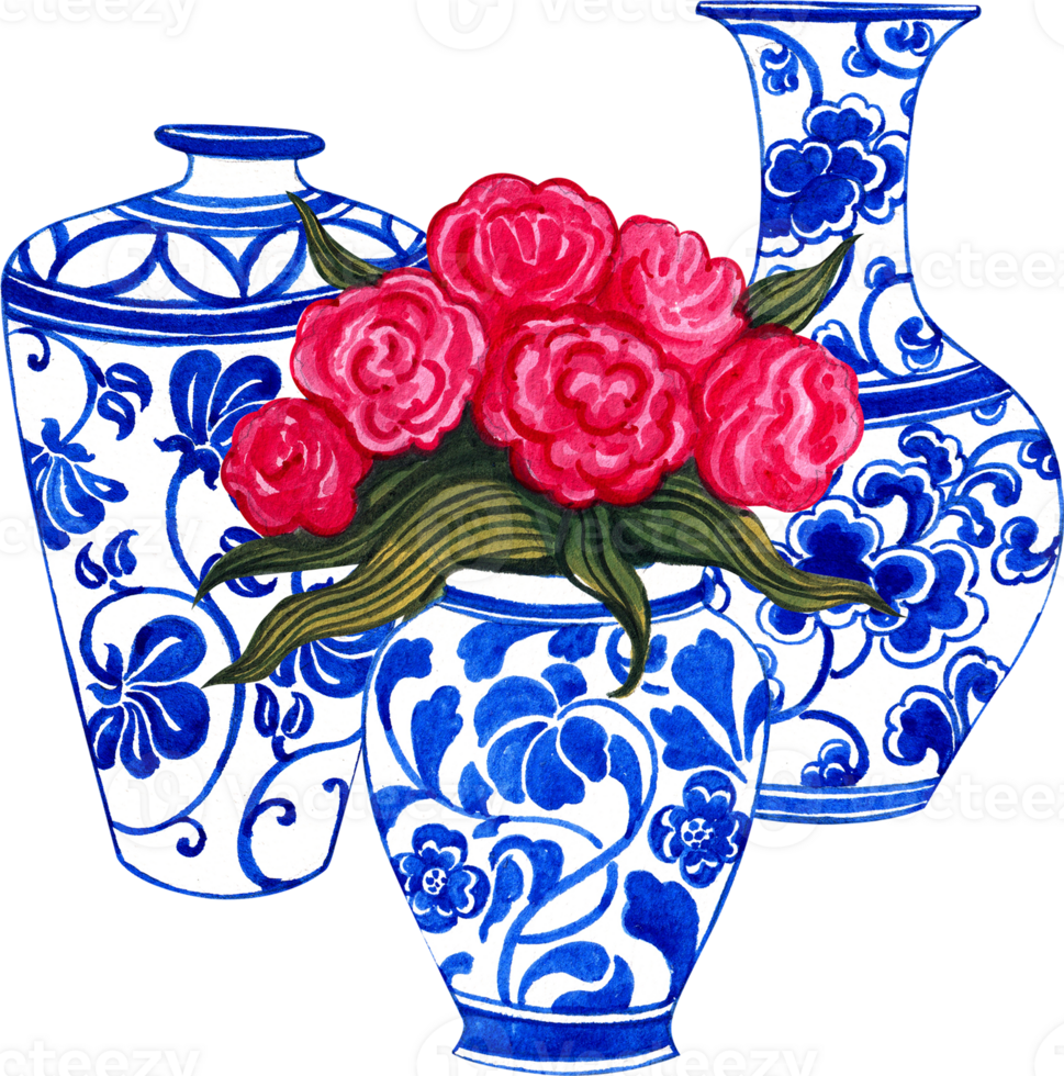 white ceramic vases with blue floral patterns and red flowers, chinese porcelain, hand-drawn watercolor illustration png