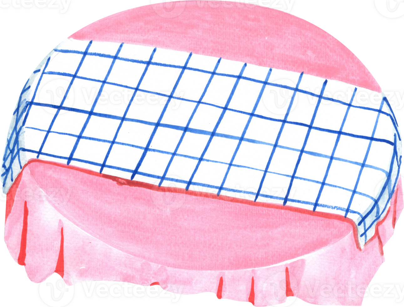 A top-down view of a pink round tablecloth, setting the table, hand-drawn watercolor painting illustration png