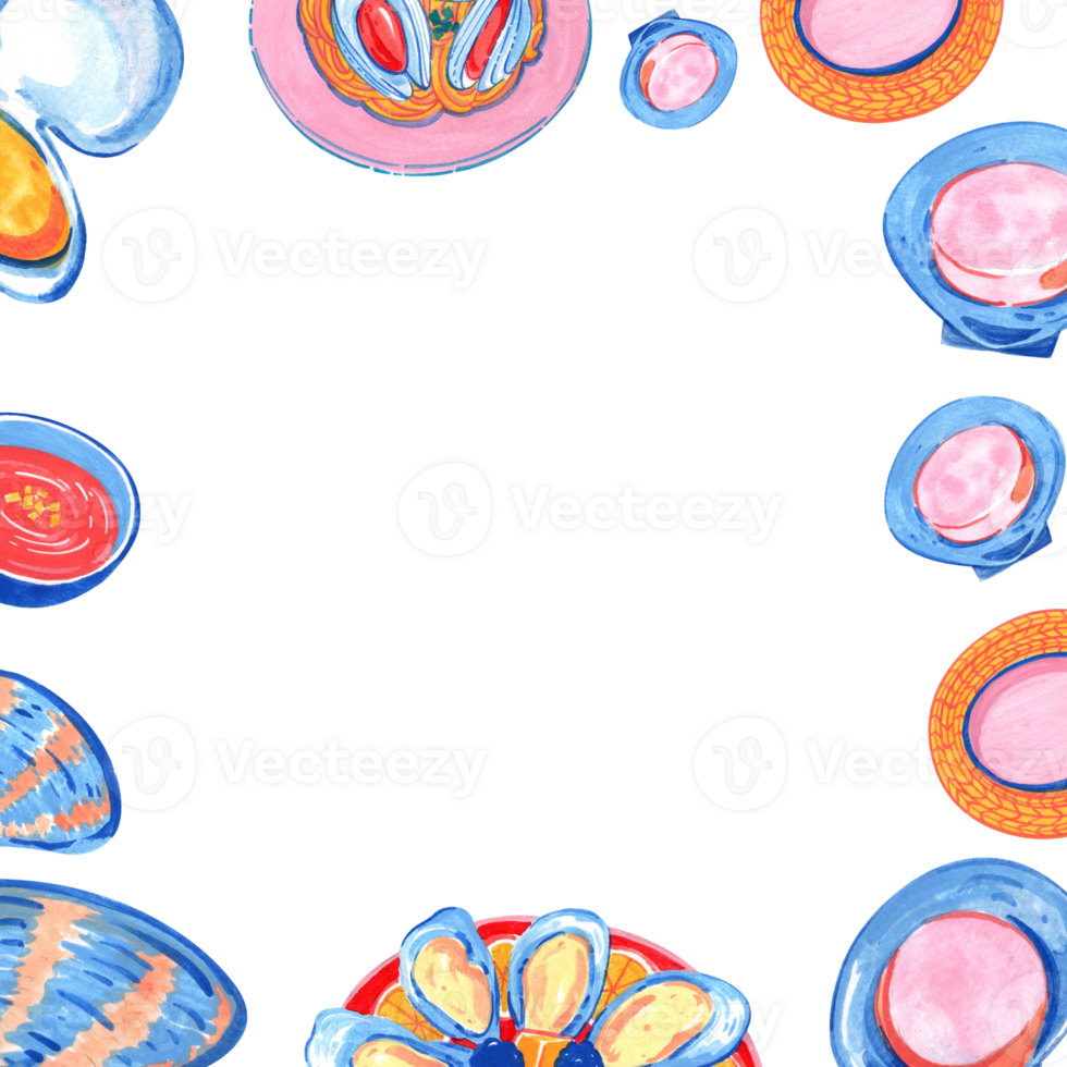 Scallops, oysters, and spaghetti with mussels, hand-drawn watercolor frame design png