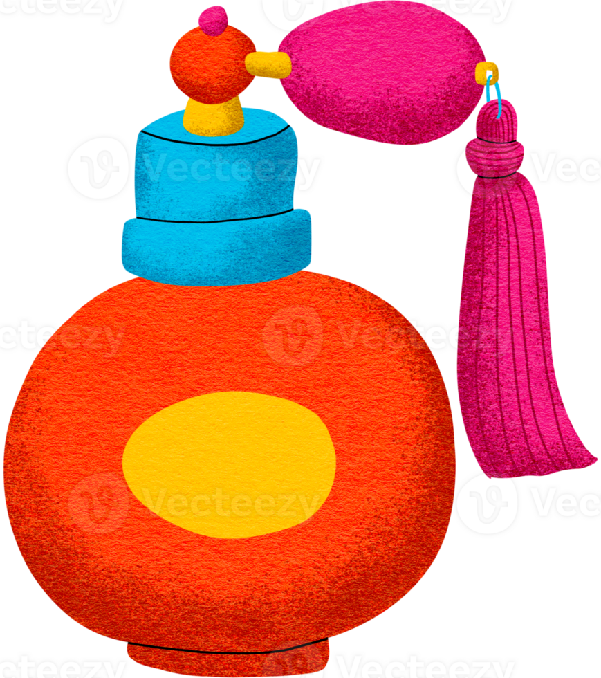 Vibrant orange perfume bottle with pink handle, Digital painting bold colors, pop style. png