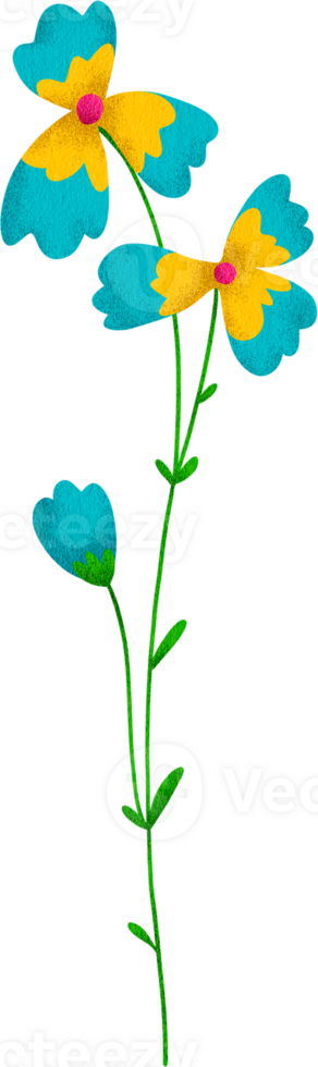 Beautiful blue and yellow flowers with green stems, Digital painting bold colors, pop style. png