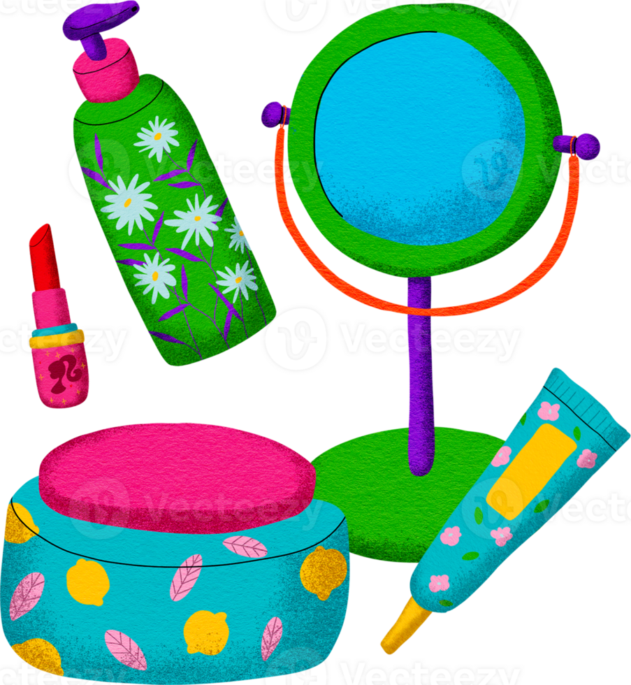 Digital painting of cosmetics with cartoon lines, bright colors, in pop style. png