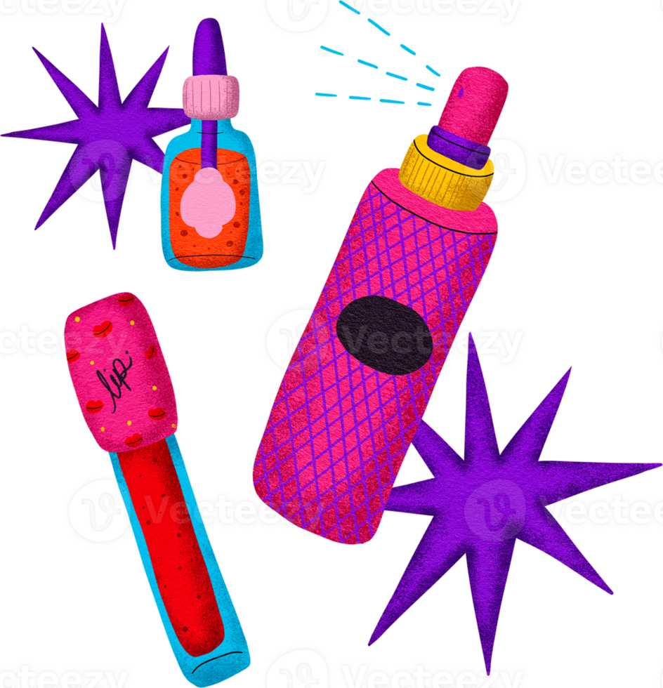 Digital painting of cosmetics with cartoon lines, bright colors, in pop style. png