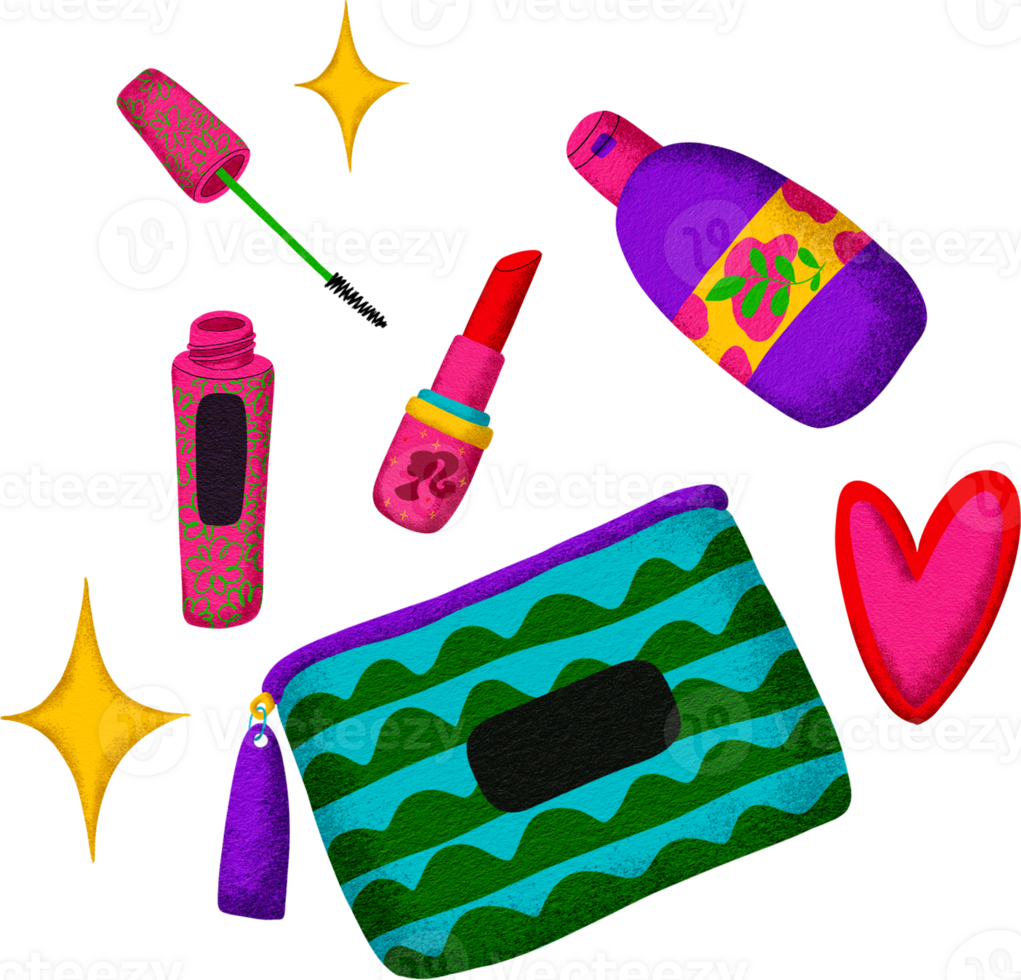 Digital painting of cosmetics with cartoon lines, bright colors, in pop style. png