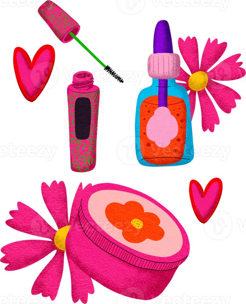 Digital painting of cosmetics with cartoon lines, bright colors, in pop style. png