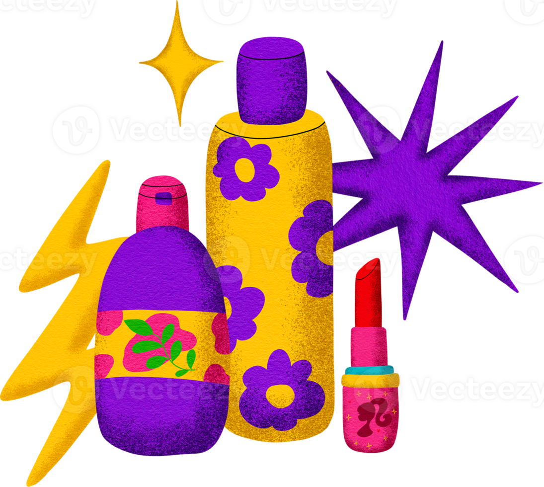 Digital painting of cosmetics with cartoon lines, bright colors, in pop style. png