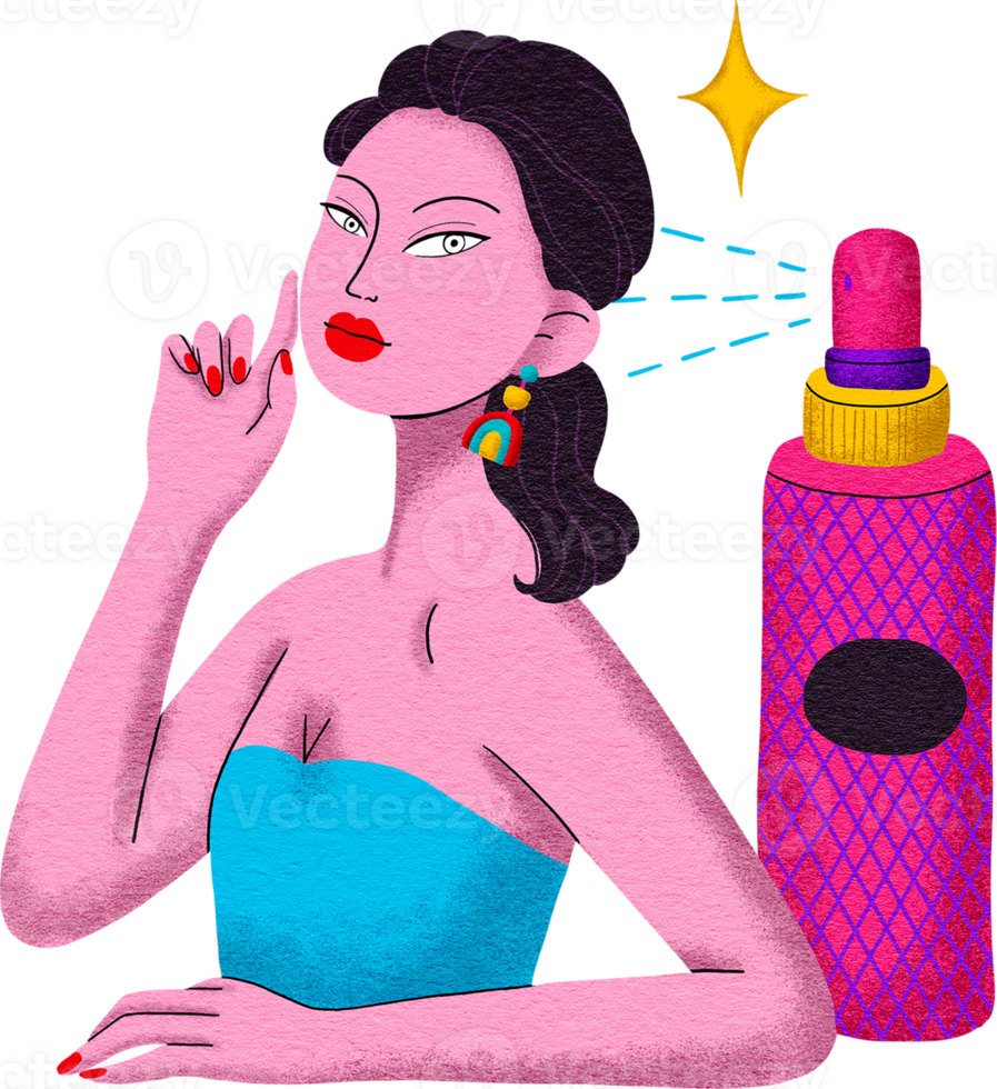 Digital painting of a beautiful woman among cosmetics, with bright colors in a pop art style and cartoonish lines png