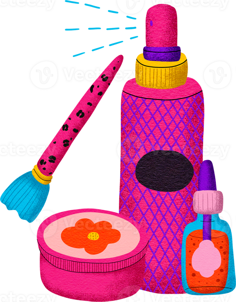 Digital painting of cosmetics with cartoon lines, bright colors, in pop style. png