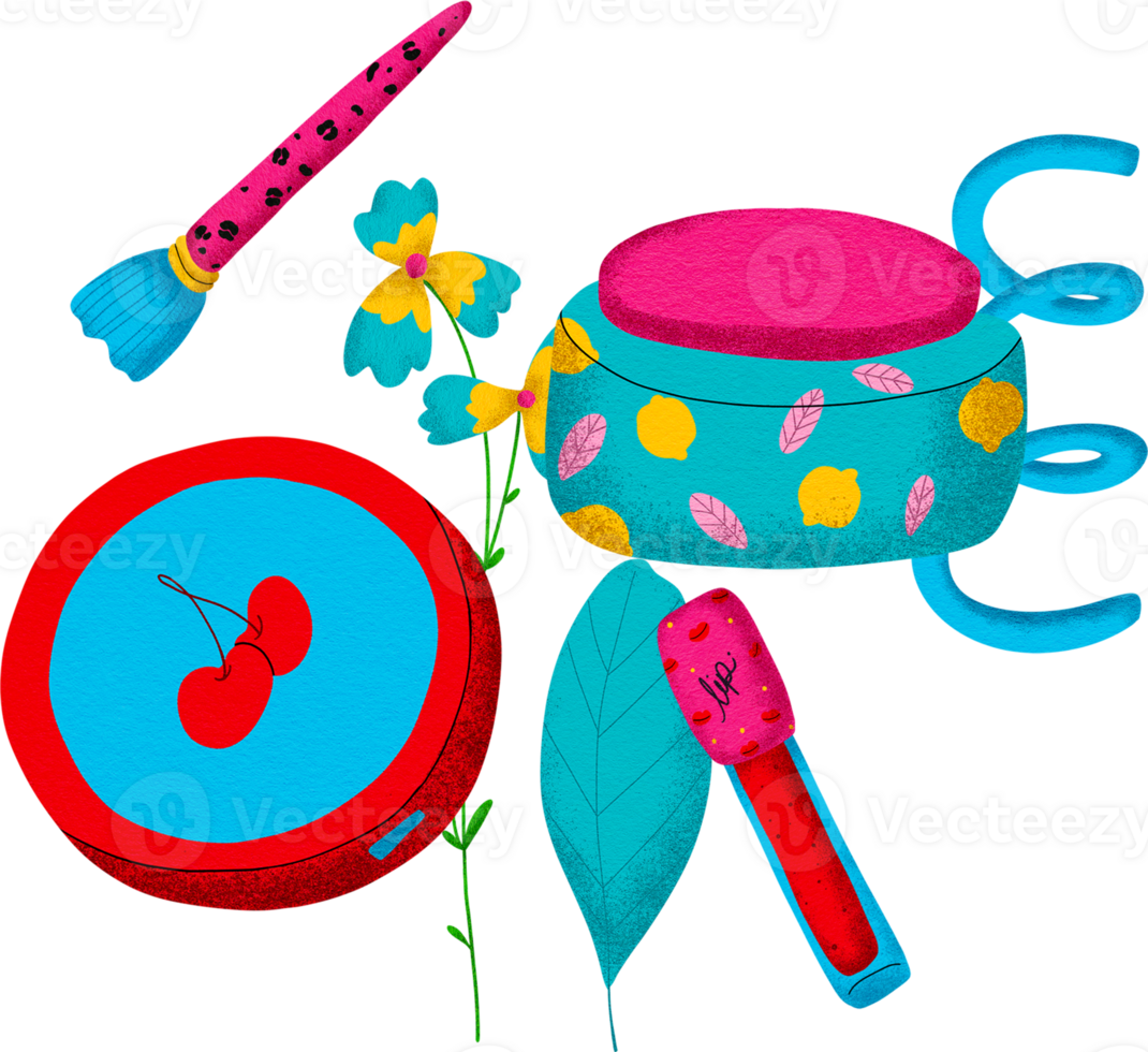 Digital painting of cosmetics with cartoon lines, bright colors, in pop style. png