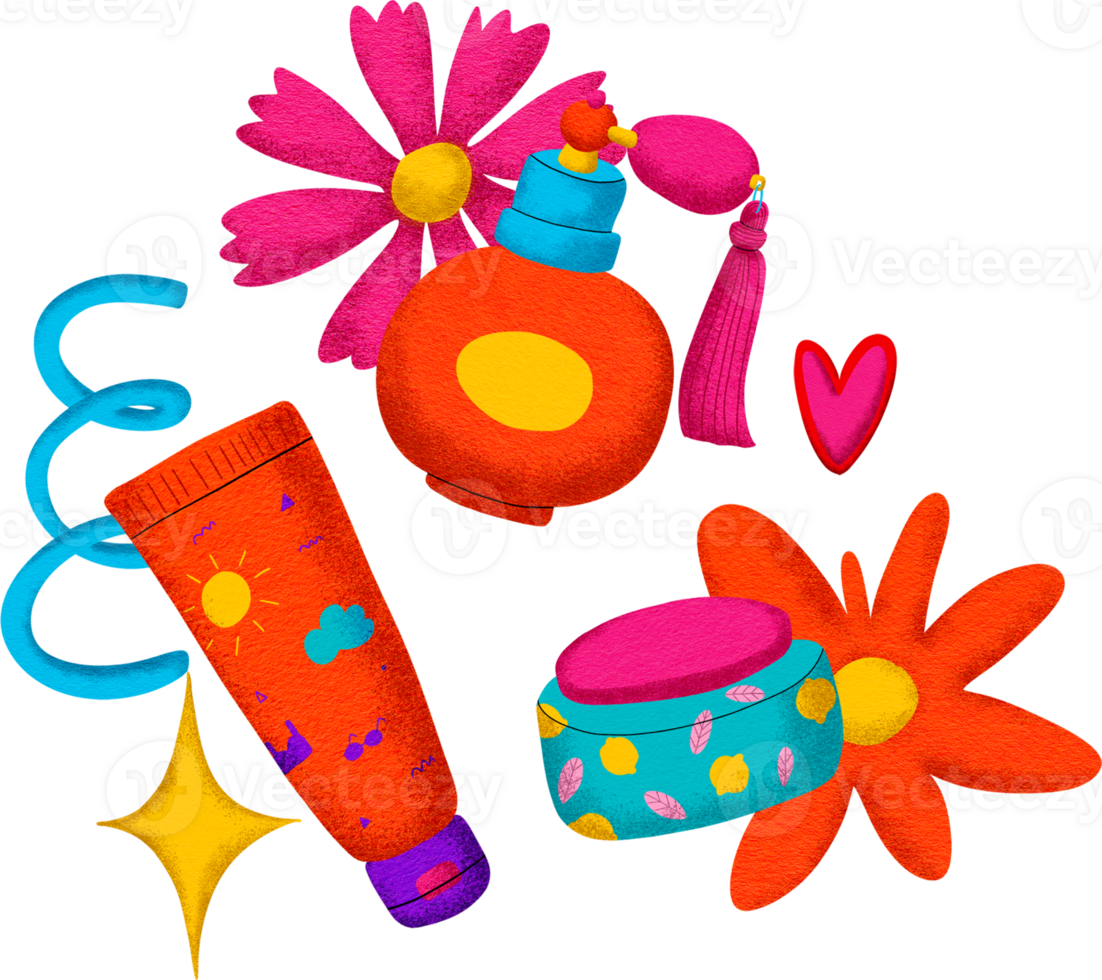 Digital painting of cosmetics with cartoon lines, bright colors, in pop style. png