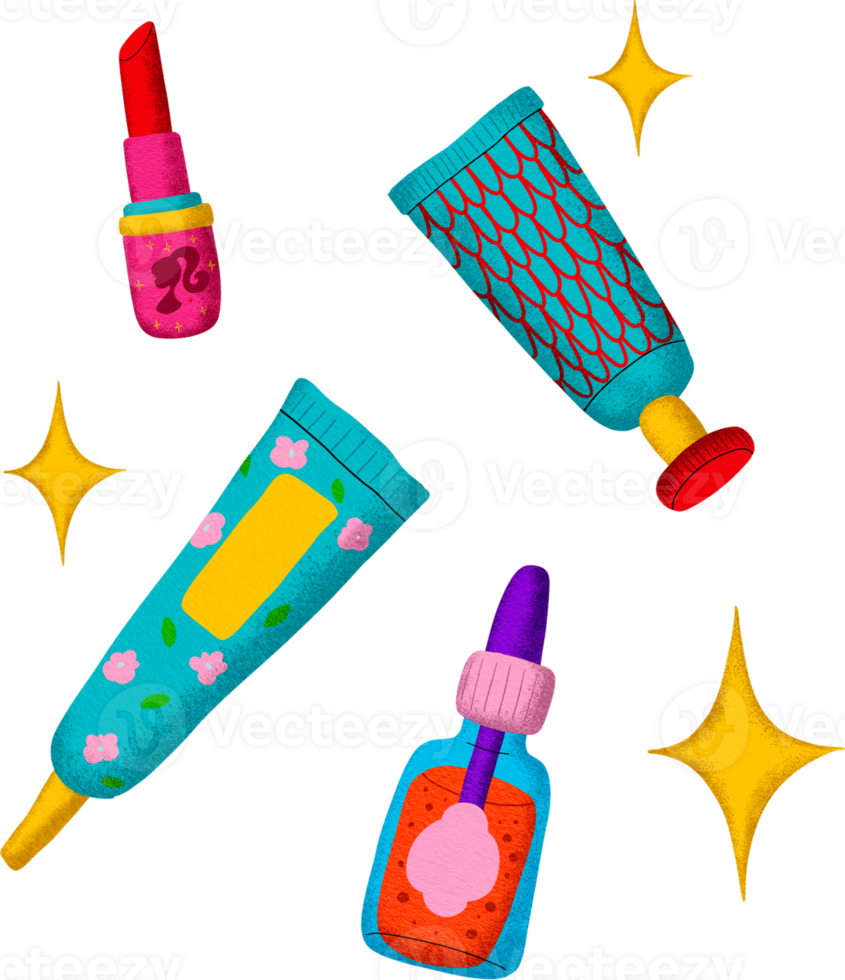 Digital painting of cosmetics with cartoon lines, bright colors, in pop style. png