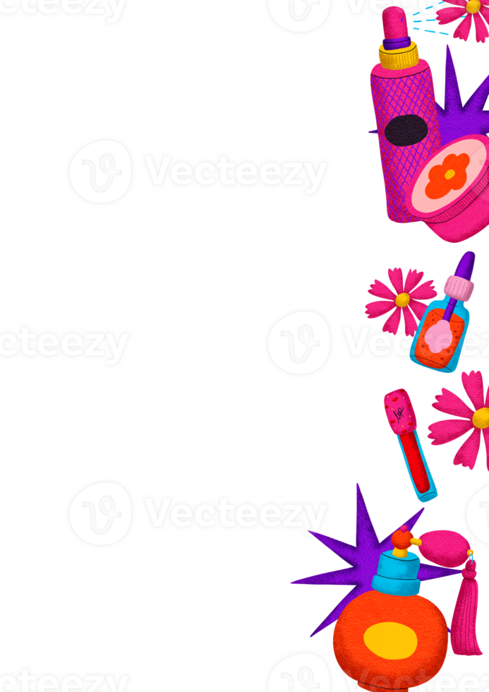 Vertical frame cosmetics, digital painting with cartoon lines, bright colors in a pop art style png