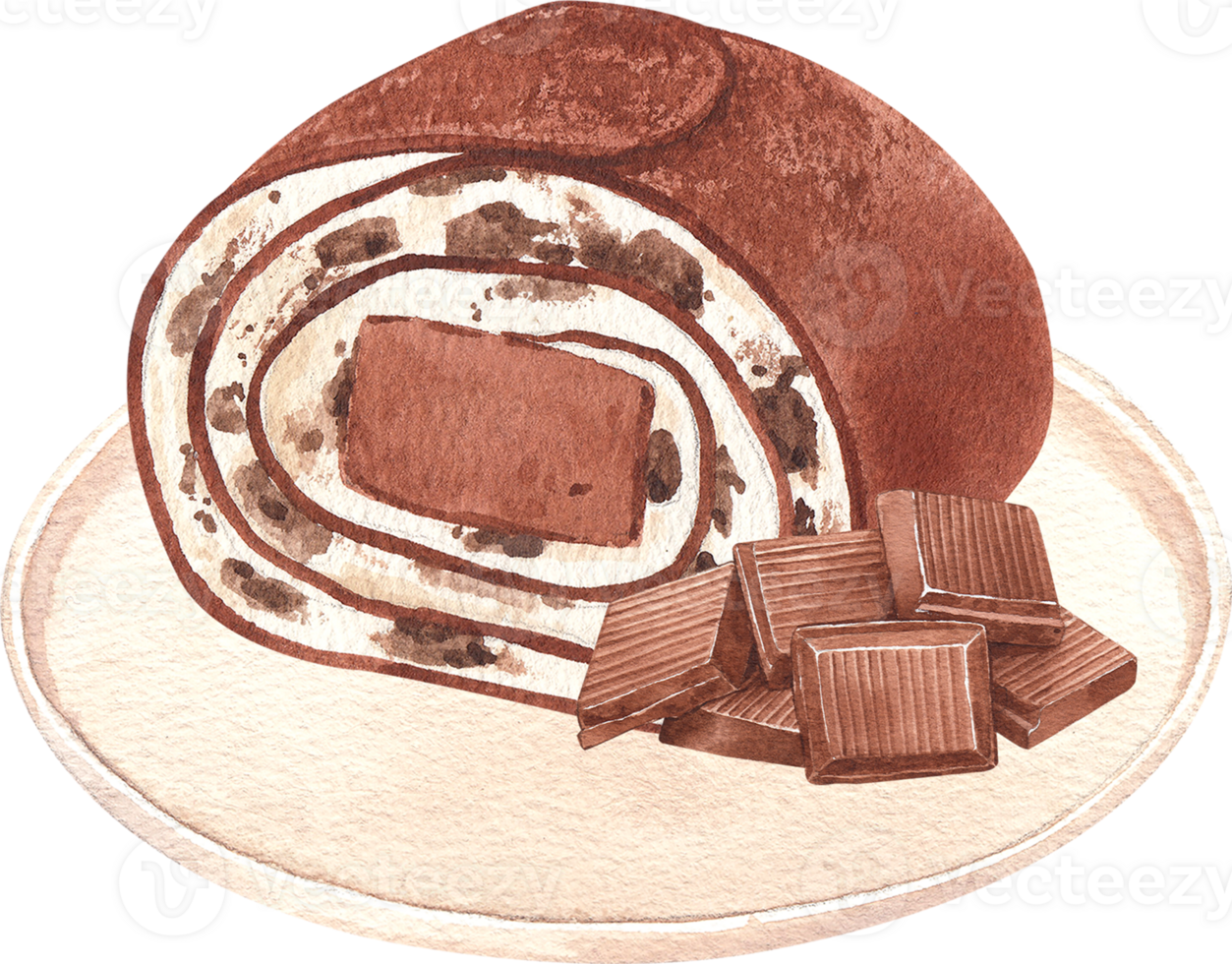 Chocolate crepe cake roll filled with chocolate chip cream and chocolate bars, hand-drawn watercolor illustration png