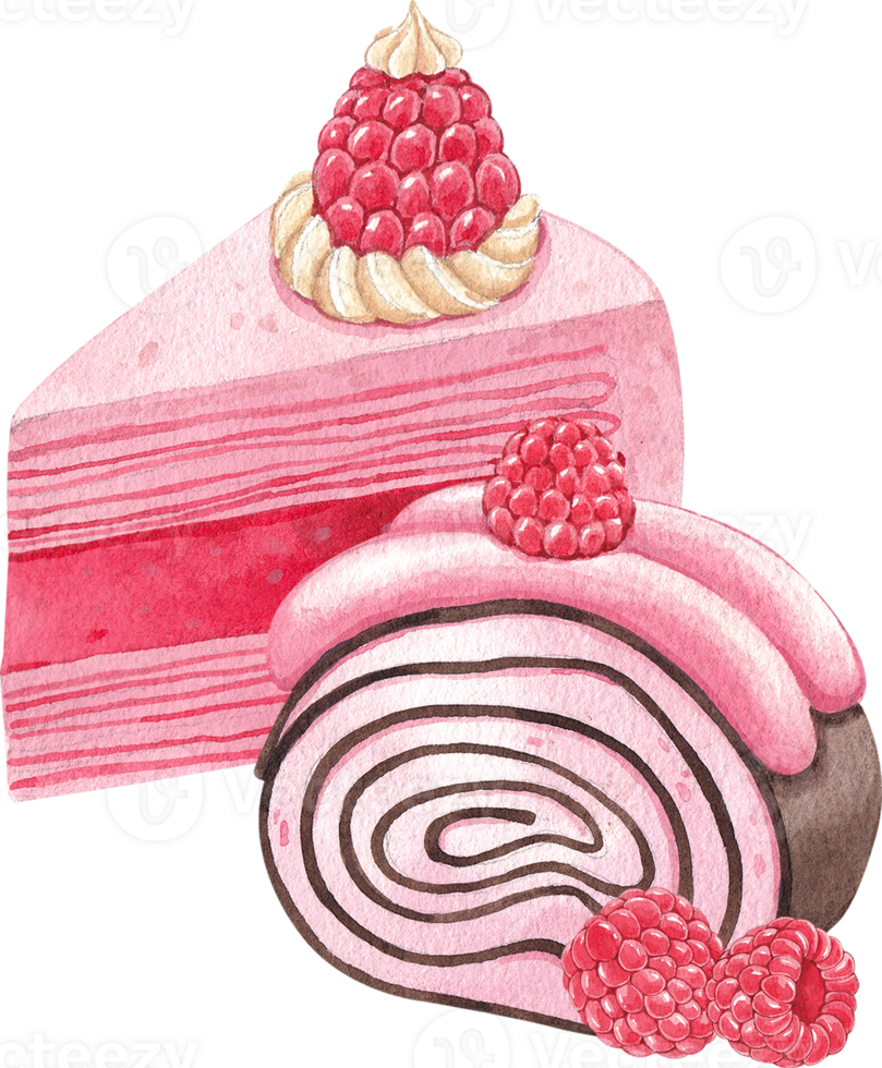 Raspberry crepe cake with fresh raspberries and roll, hand-drawn watercolor illustration png