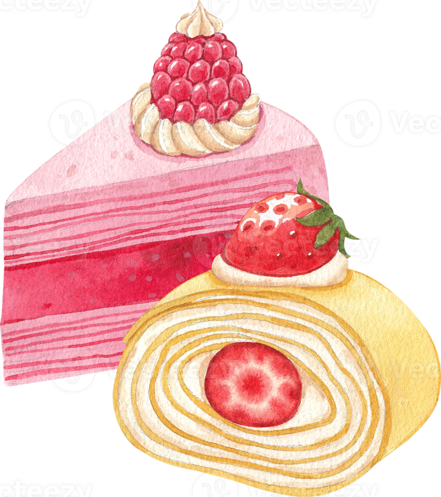 Raspberry crepe cake and strawberry cream roll, hand-drawn watercolor illustration png