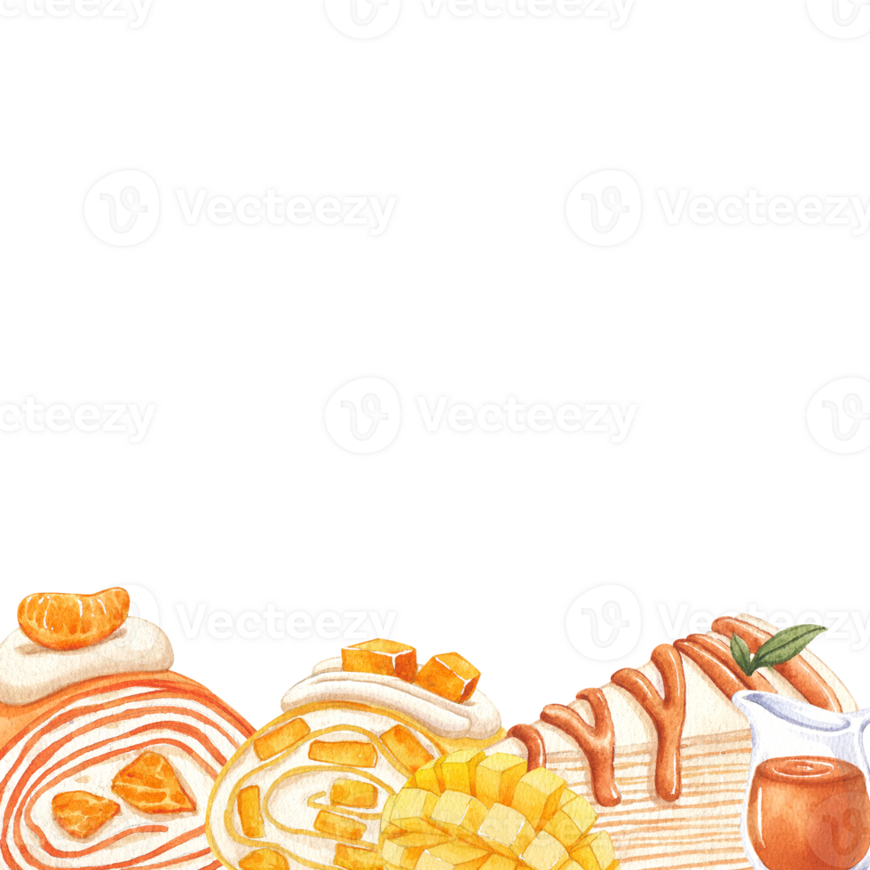 flavorful crepe cake rolls, hand-drawn watercolor painting frame design png