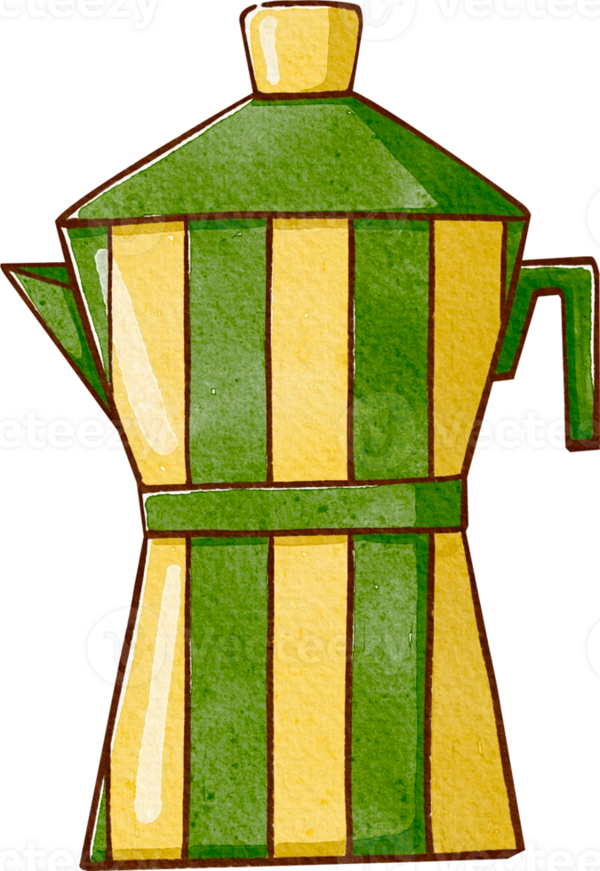cute green and yellow moka pot, hand-drawn watercolor illustration png
