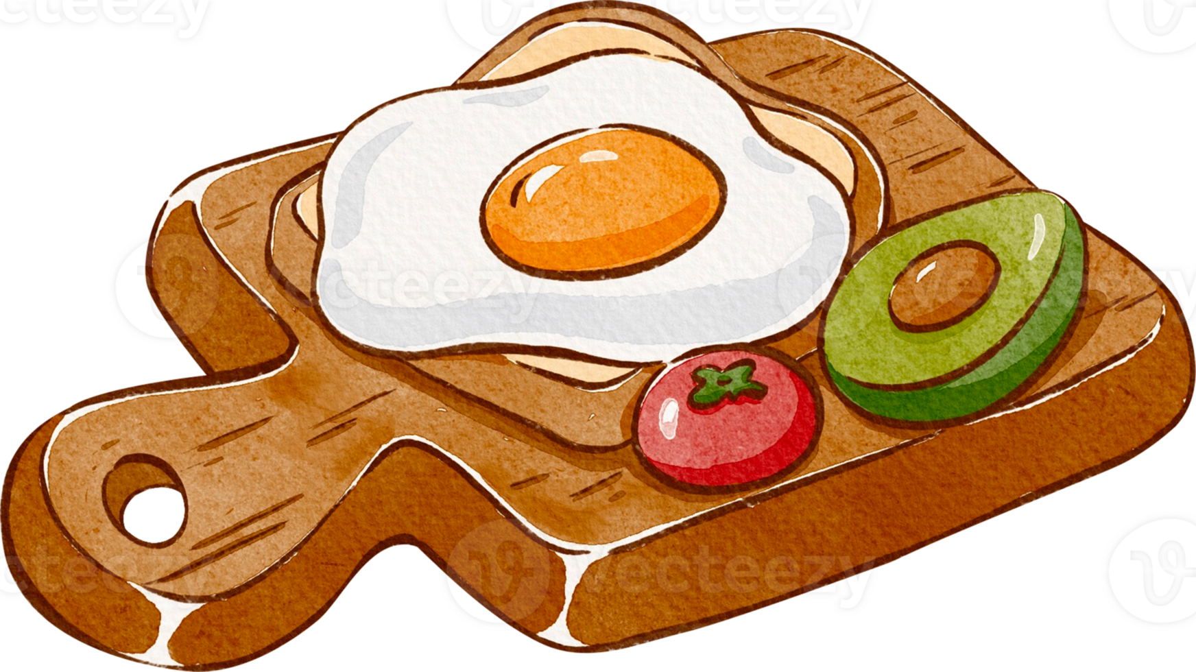 cute egg toast, tomato and avocado on a wooden cutting board, hand-drawn watercolor illustration png