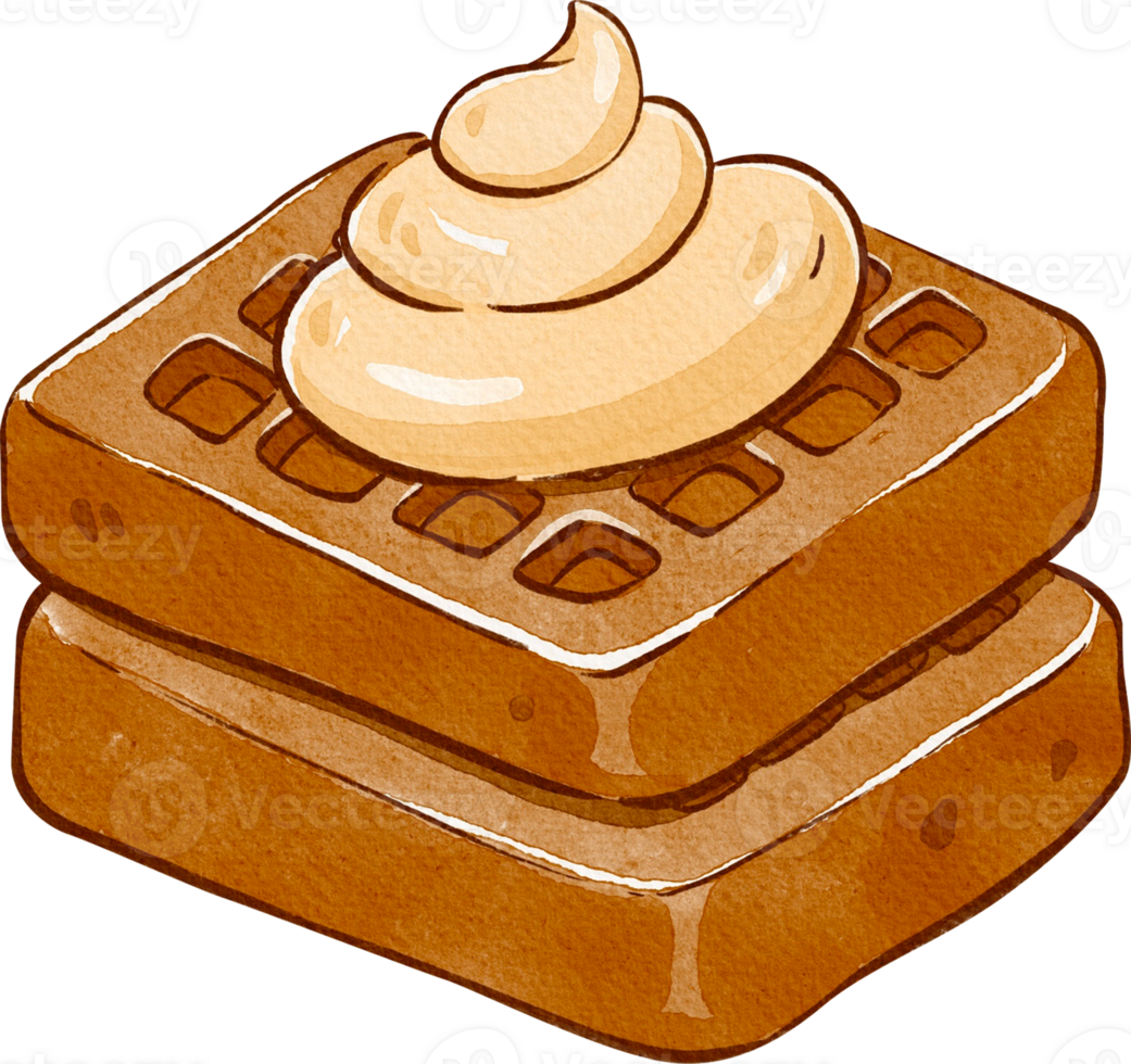 cute waffles topped with whipped cream, hand-drawn watercolor illustration png