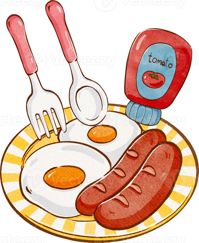sunny-side-up egg and two sausages served on a white plate with a yellow background, american breakfast, hand-drawn watercolor illustration png
