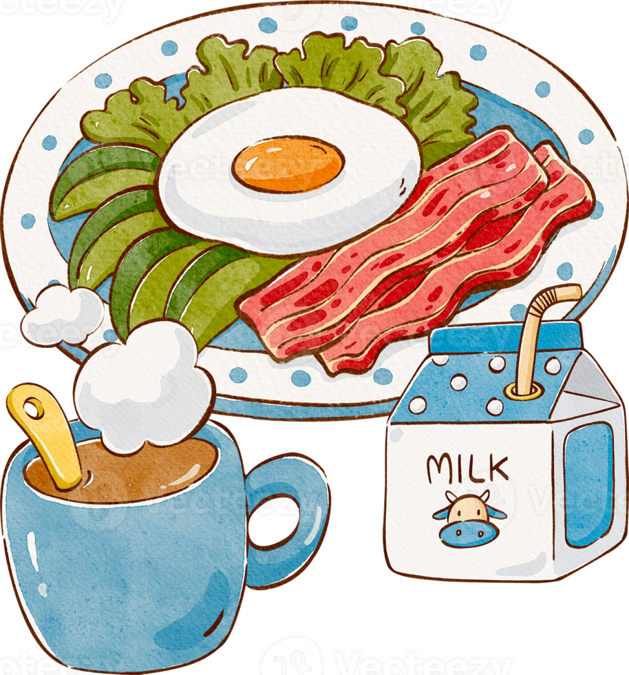 a cute healthy breakfast with salad, avocado, bacon, and a fried egg served on a polka dot plate, along with a white and blue milk carton and hot coffee, american breakfast, handdrawn png