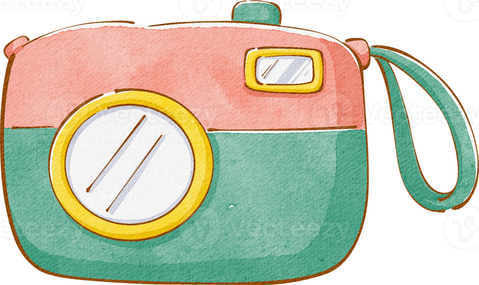 A charming pink and green Polaroid camera, perfect for capturing memories with a retro flair, hand-drawn watercolor painting illustration png