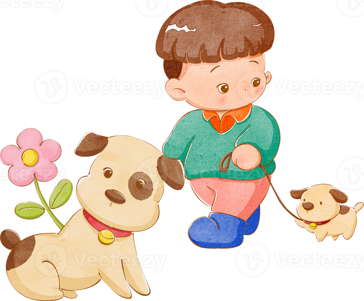 A short-haired boy walks a small dog alongside a large dog in a garden filled with bright, colorful flowers, hand-drawn watercolor painting illustration png
