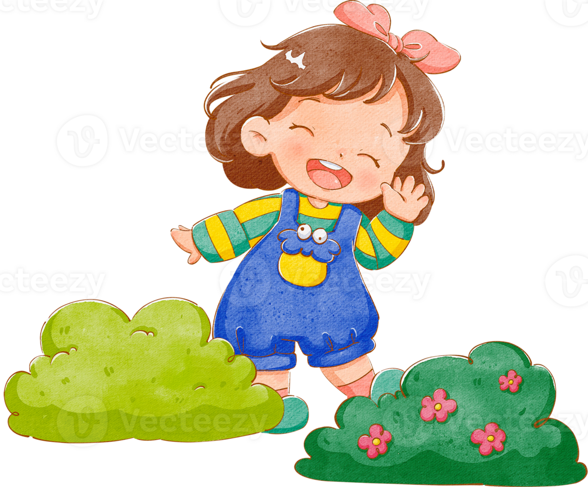 A cheerful short-haired girl with a pink bow stands near lush green bushes, vibrant with delicate pink flowers, hand-drawn watercolor painting illustration png