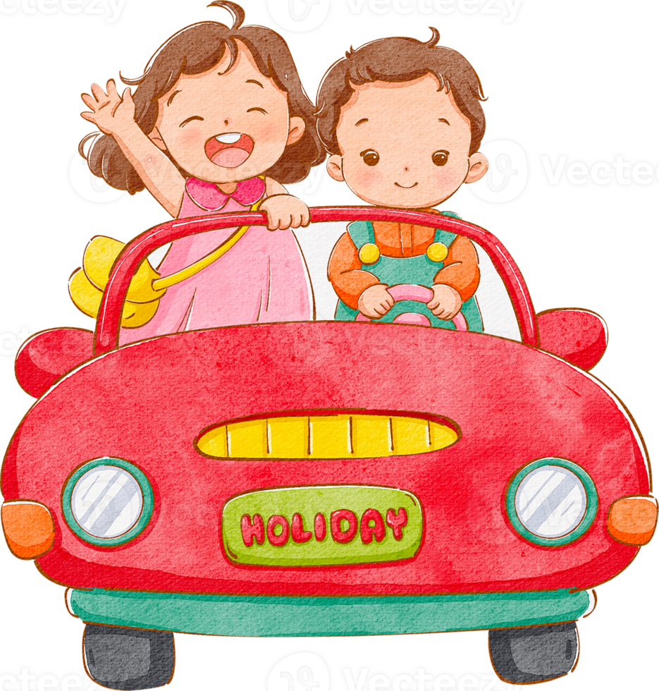 A boy driving a red car with a girl beside it, waving and smiling cheerfully, hand-drawn watercolor painting illustration png