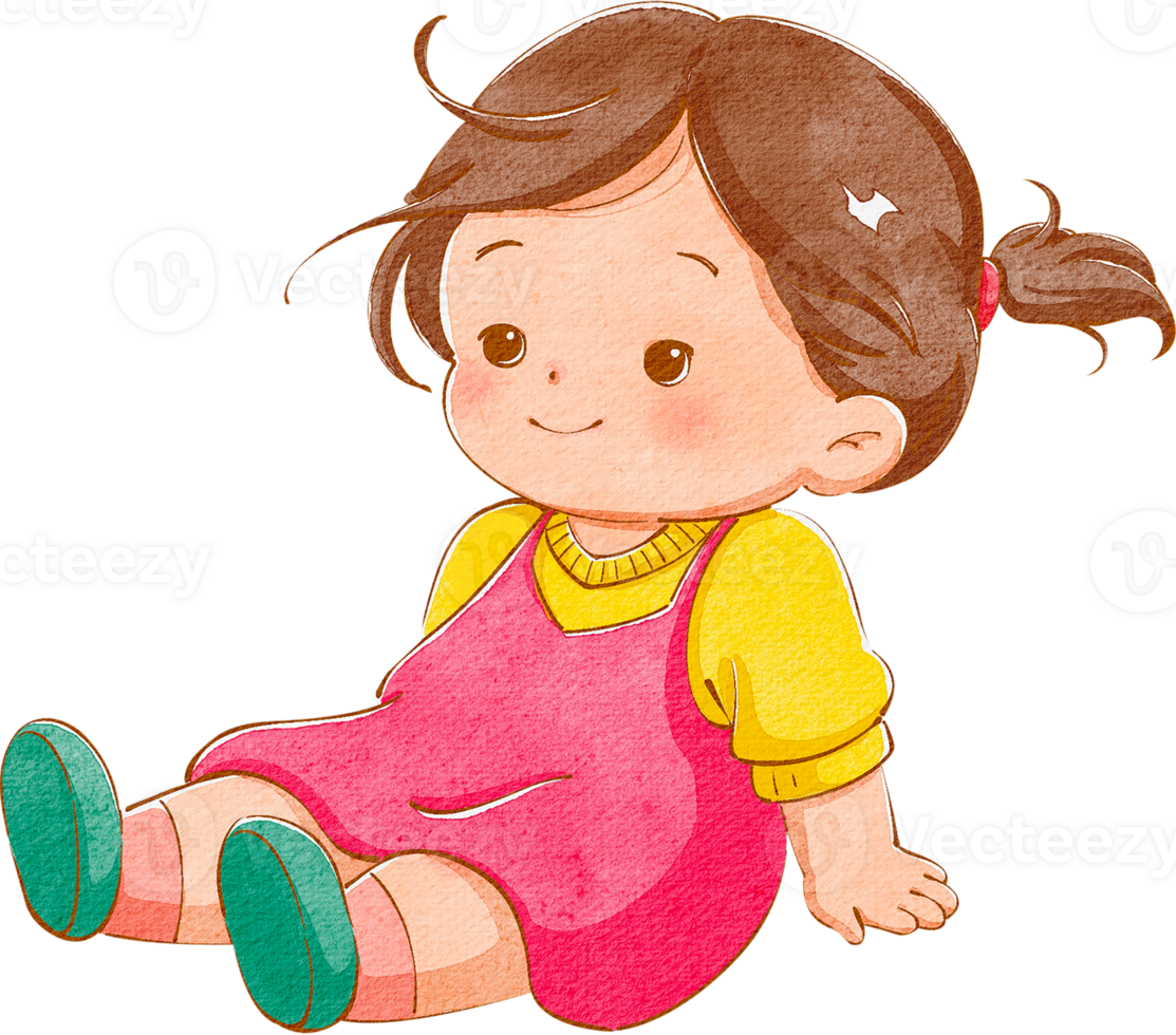 un niña con su pelo atado atrás, sentado con piernas estirado afuera, mirando contento y relajado, dibujado a mano acuarela pintura ilustración png