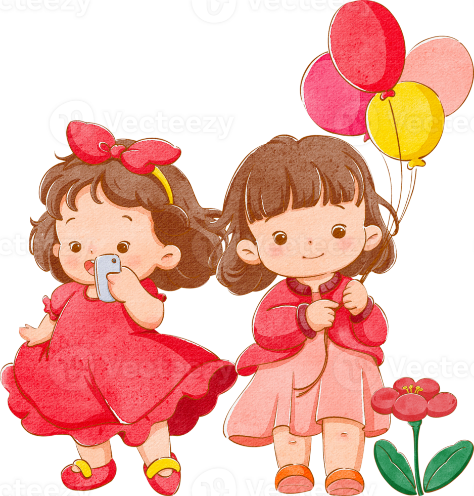 A haired girl in a red dress with a red bow takes a photo with her phone beside another short-haired girl in red holding a balloon near vibrant red flowers, hand-drawn watercolor painting illustration png