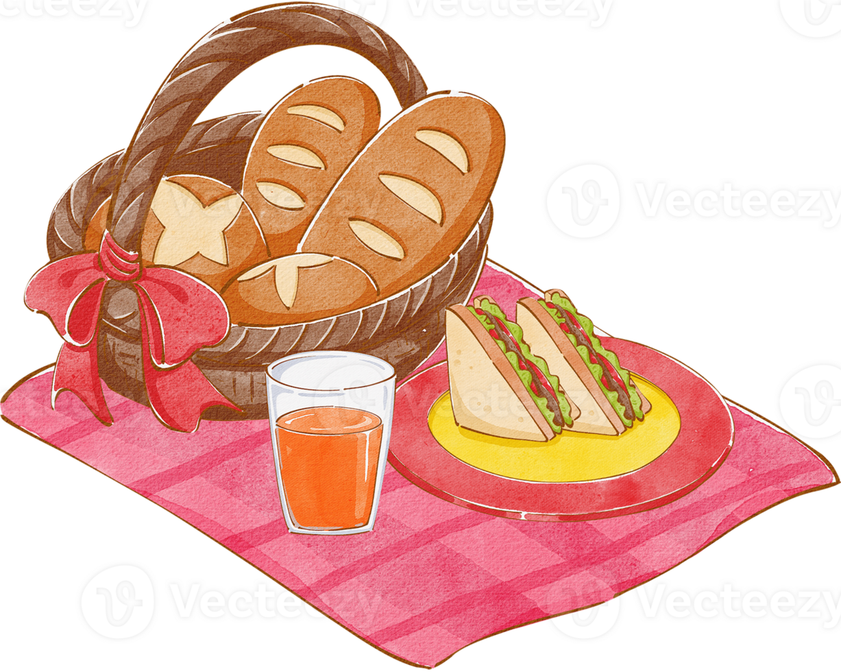 A basket tied with a red bow holds a baguette, with a glass of orange juice and two sandwiches on a yellow plate, placed on a red picnic mat in a spring garden, hand-drawn watercolor painting i png
