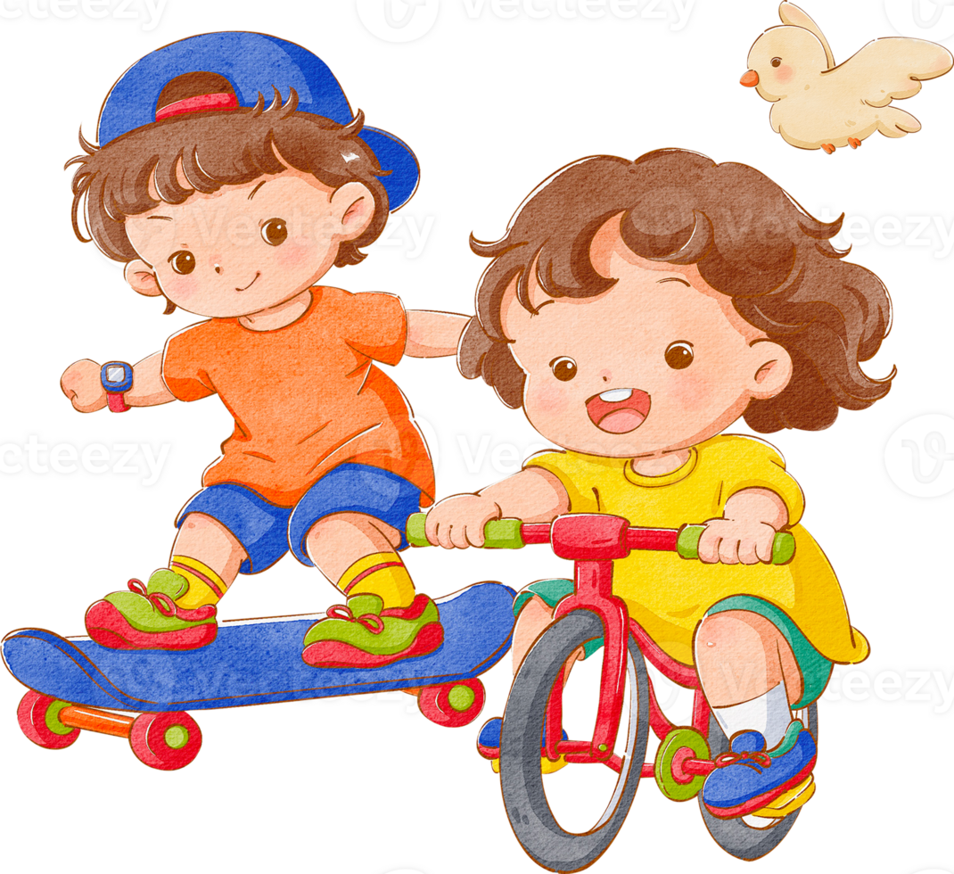 A boy in a backward cap, t-shirt, and shorts skateboards racing against a short-haired girl on a red bicycle, with a cream-colored bird flying by, hand-drawn watercolor painting illustration png