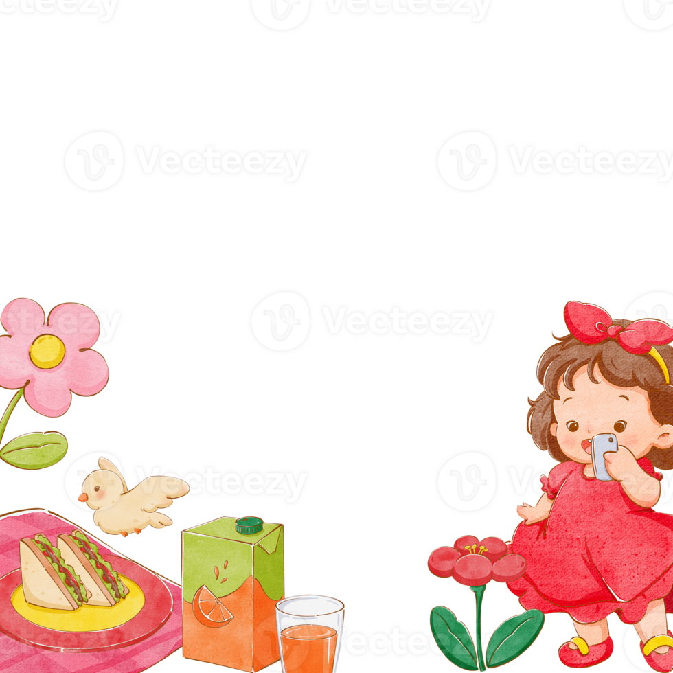 A girl in a red dress takes photos with her phone next to a picnic setup featuring sandwiches and orange juice, surrounded by flowers and birds, hand-drawn watercolor painting frame design png