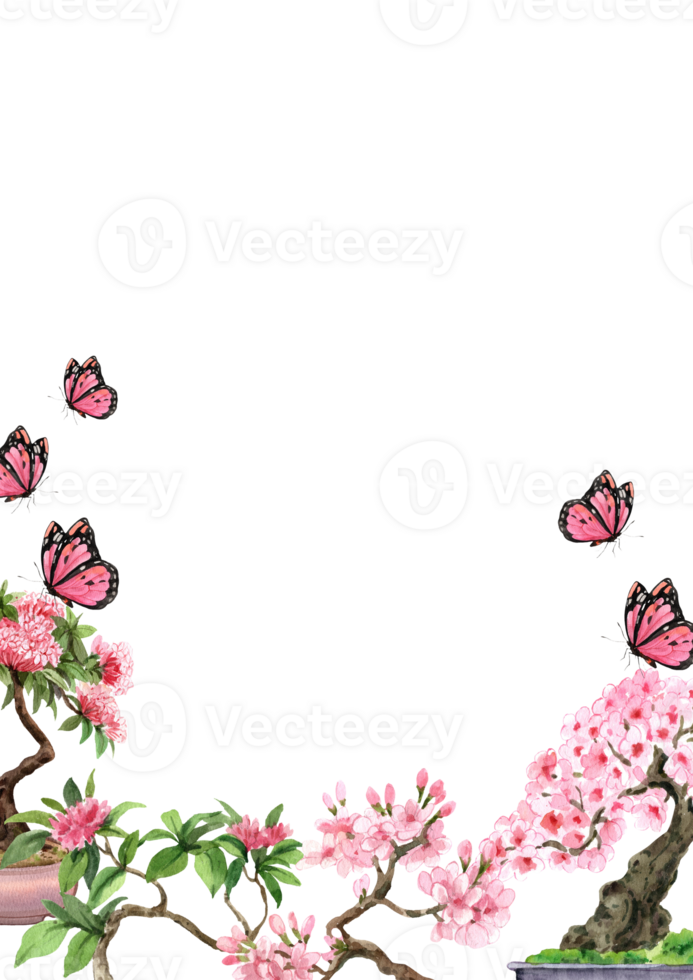 Sakura, Cherry blossom bonsai, Pink Sakura Bonsai, vertical frame, watercolor painting hand-drawn png