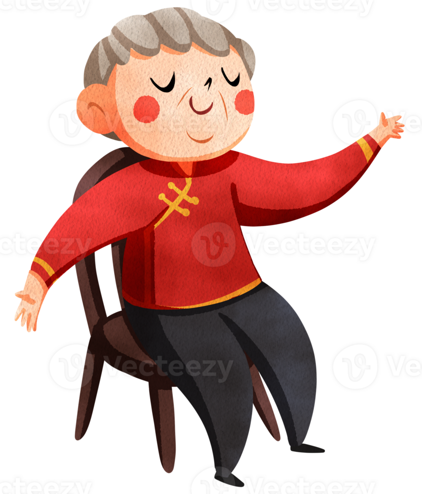 An elderly man sits in a chair, happily raising his hand with a warm smile. His joyful expression radiates a feeling of contentment and peace, hand-drawn watercolor painting illustration png